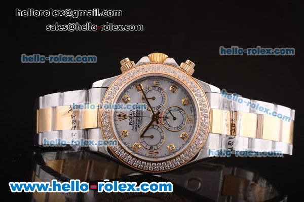 Rolex Daytona Chronograph Swiss Valjoux 7750 Automatic Movement Two Tone with Diamond Bezel and MOP Dial - Click Image to Close